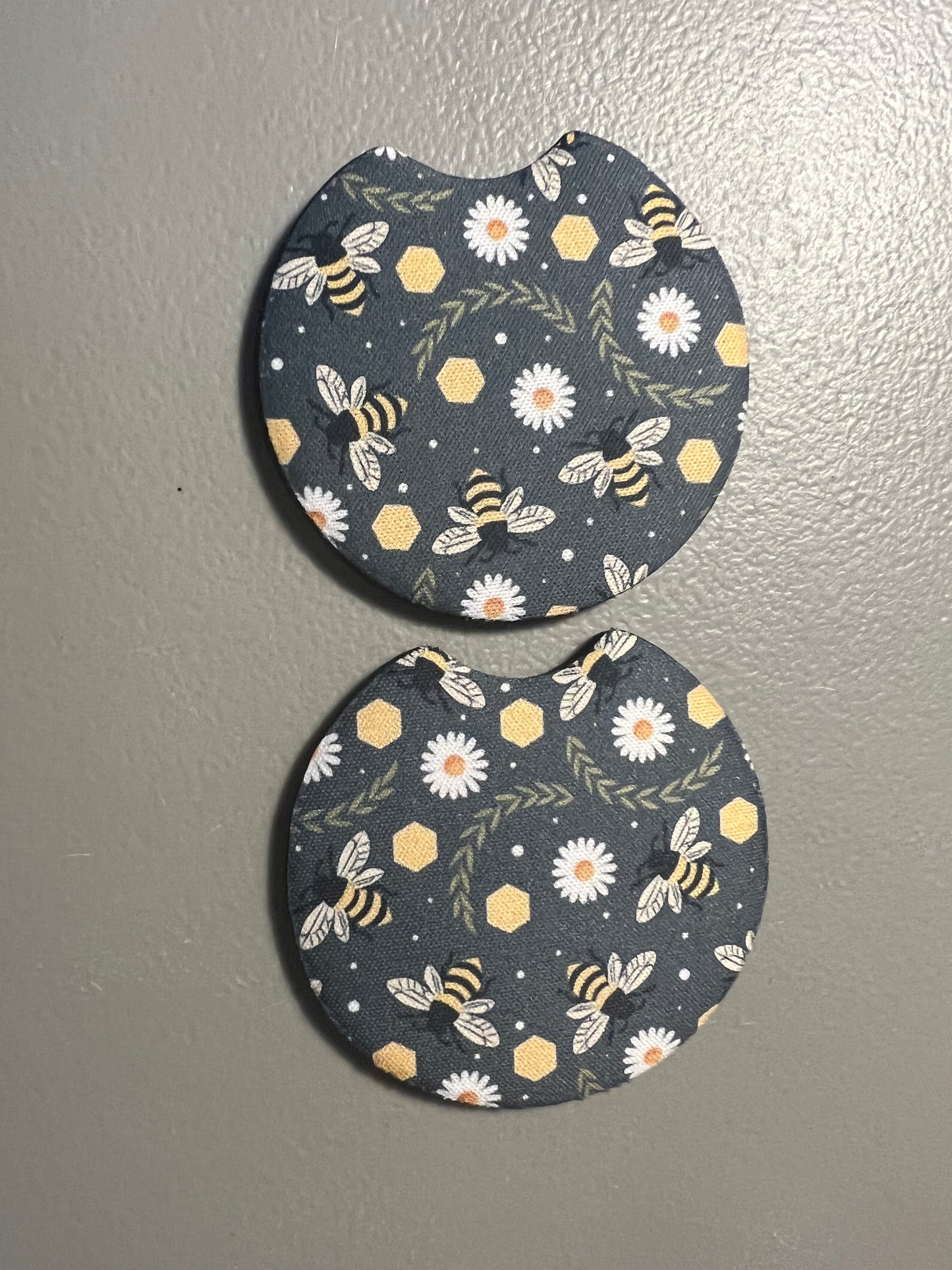 Black Starry Bees and Daisies Car Coaster Set