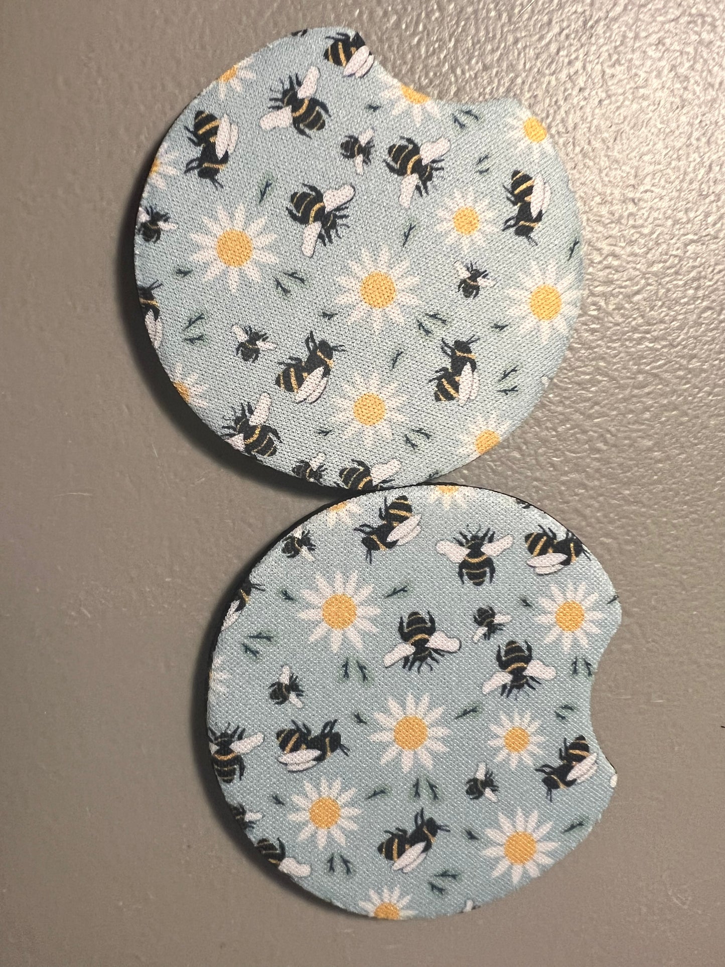 Soft Blue Bees with Daisies Car Coaster Set