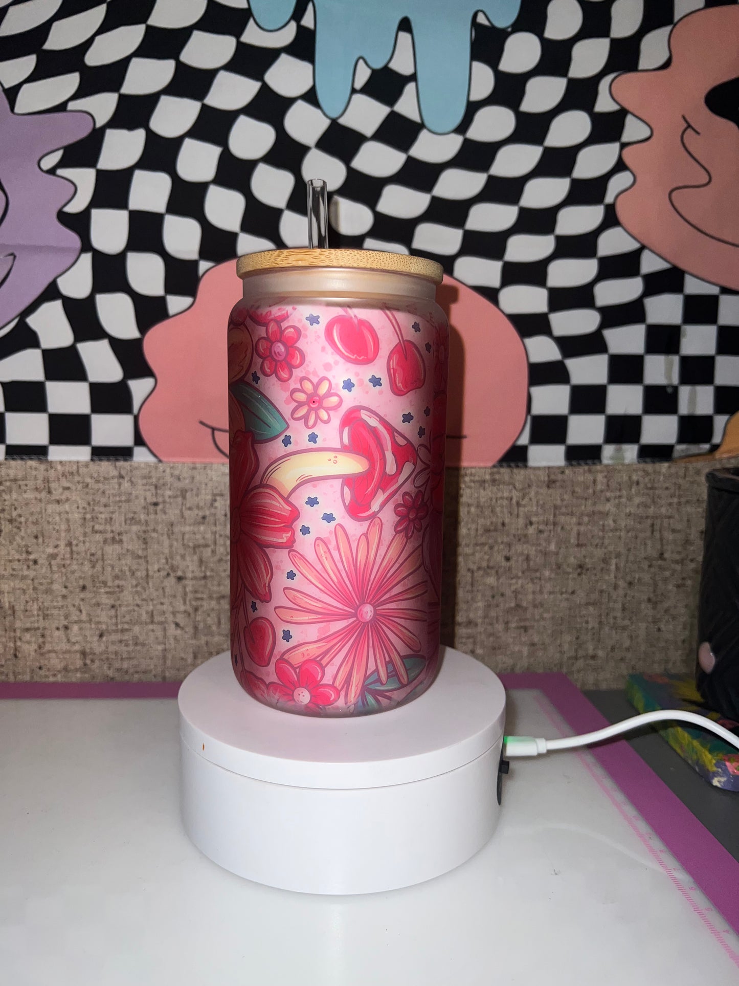 Boho Whimsical Flowers 16oz Frosted Glass Tumbler