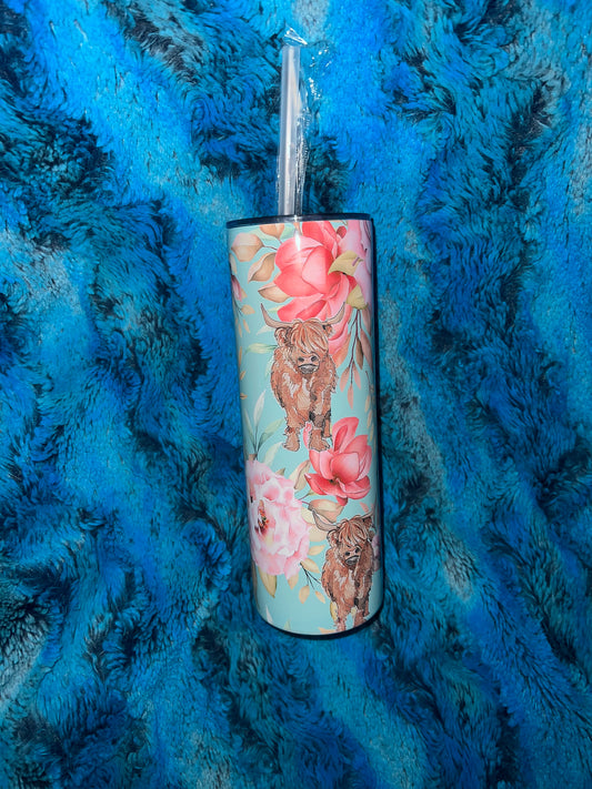 Floral Cow Tumbler Light Blue With Pink Flowers