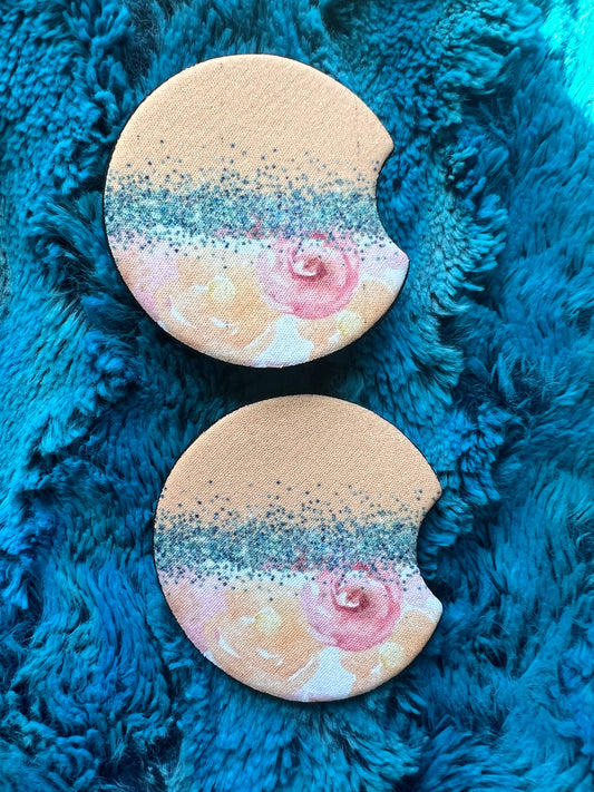 Pastel Watercolor Flowers with Sparkle Car Coasters