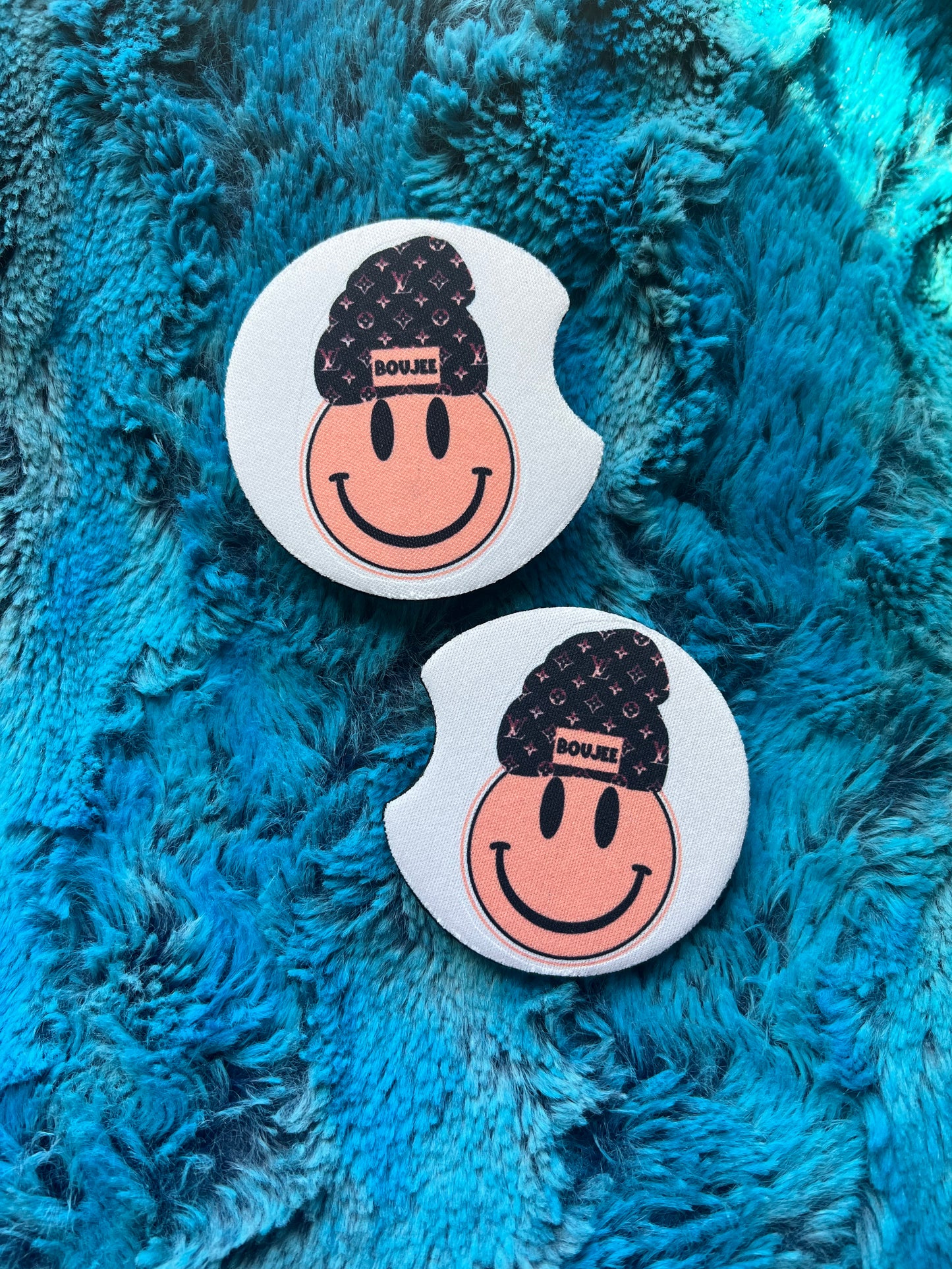 Boujee Smiley Beanie Car Coasters
