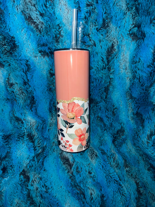 Peach colored Flower Tumbler with Gold