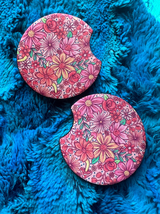 Whimsical Pink Floral+Mushroom Car Coaster Set