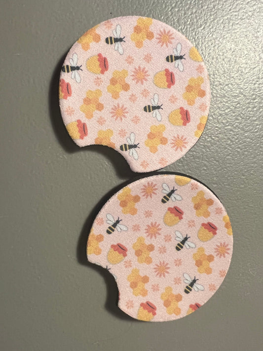 Pink Bees and Honey Car Coaster Set